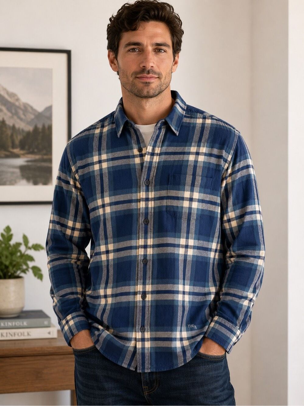 JW Anderson x Uniqlo Flannel Shirt Men’s XL Blue Plaid 100% Cotton Button Up #17